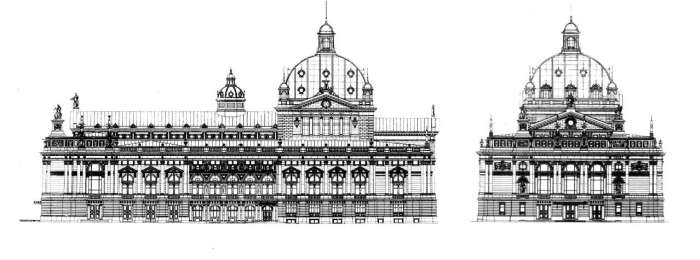 Розріз бічного фасаду Львівської Опери на кресленнях 1896 року